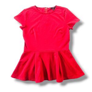 Forever 21 Blouse Size Medium Red Ruffle Zipper Accents Short Sleeve Peplum
